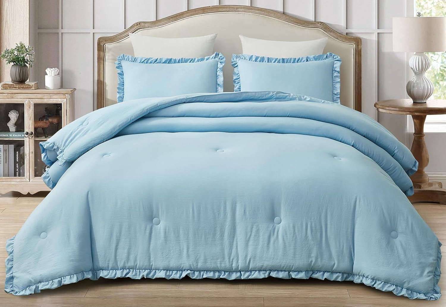 Chezmoi Collection Nora 3-Piece Chambray Blue Ruffled Edge Trim Microfiber Comforter Set, Queen Size