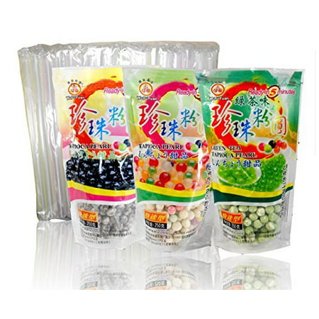 3-Pack Boba Tapioca Pearls 3 varieties with 1 pack of 35 Boba Wide Straws Bubble Tea
