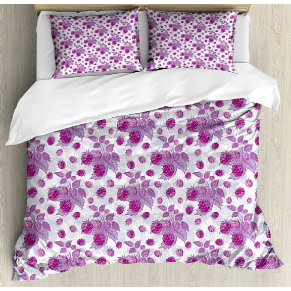 Mauve Duvet Cover Set, Vibrant Raspberries Branches Leaves Freshening Nature Fruit Art Illustration, Decorative 3 Piece Bedding Set with 2 Pillow Shams, Calking Size, Violet and Purple, by Ambesonne