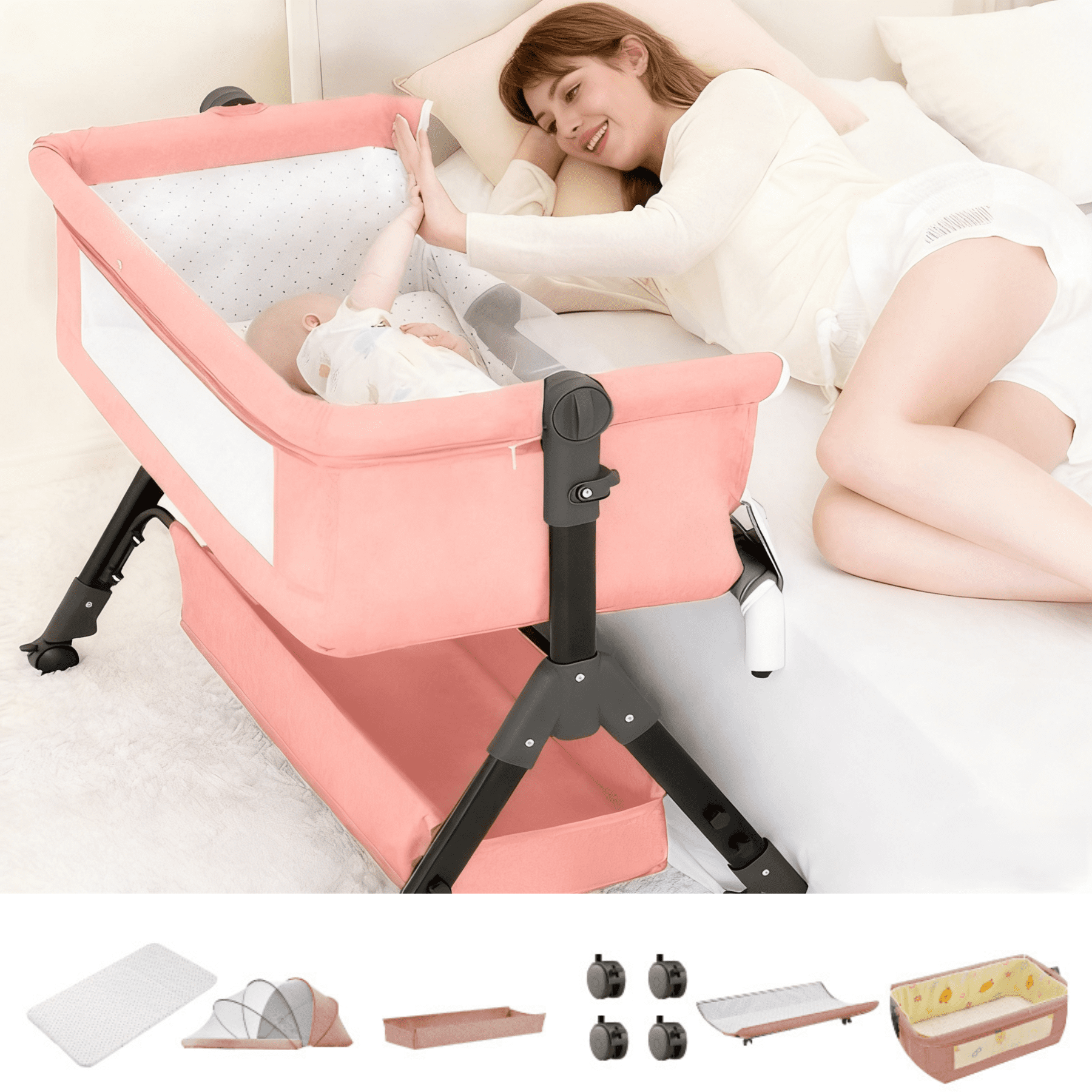5-in-1 Baby Bedside Bassinet, Portable Rocking Crib ,Lightweight Sleeper with Easy Fold , for Babies & Toddlers (Pink)