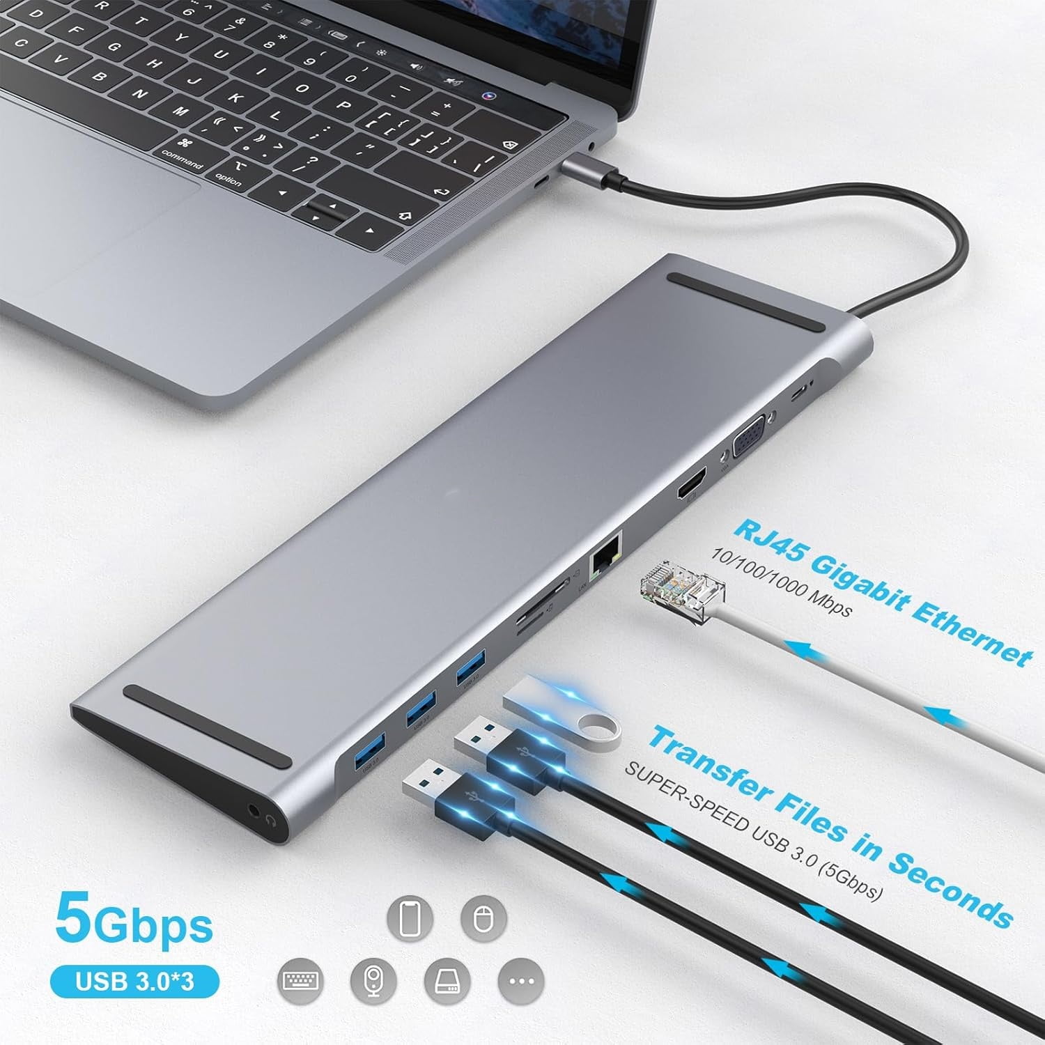 USB C Docking Station for Laptop, USB C Hub 10 in 1 USB C Adapter Docking Station with 4K HDMI & VGA, 3 x USB 3.0, Gigabit Ethernet RJ45 LAN, USB C PD, SD/TF Card Reader, 3.5mm Audio/Mic
