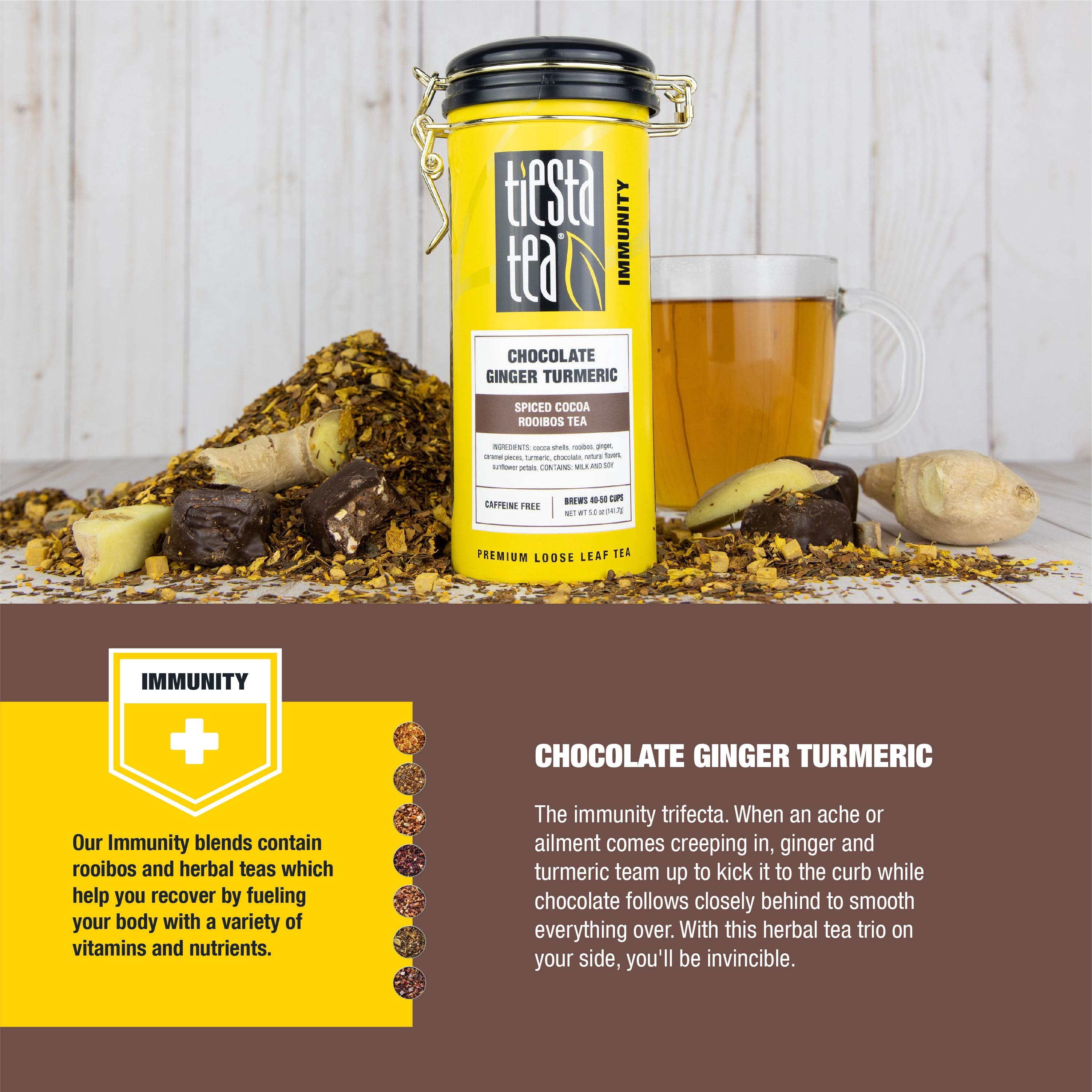Tiesta Tea - Chocolate Ginger Turmeric, Immunity Loose Leaf Herbal Tea, Caffeine Free, GMO-Free, Make Hot or Iced Tea & Brews Up to 50 Cups - 5 Ounce Tin