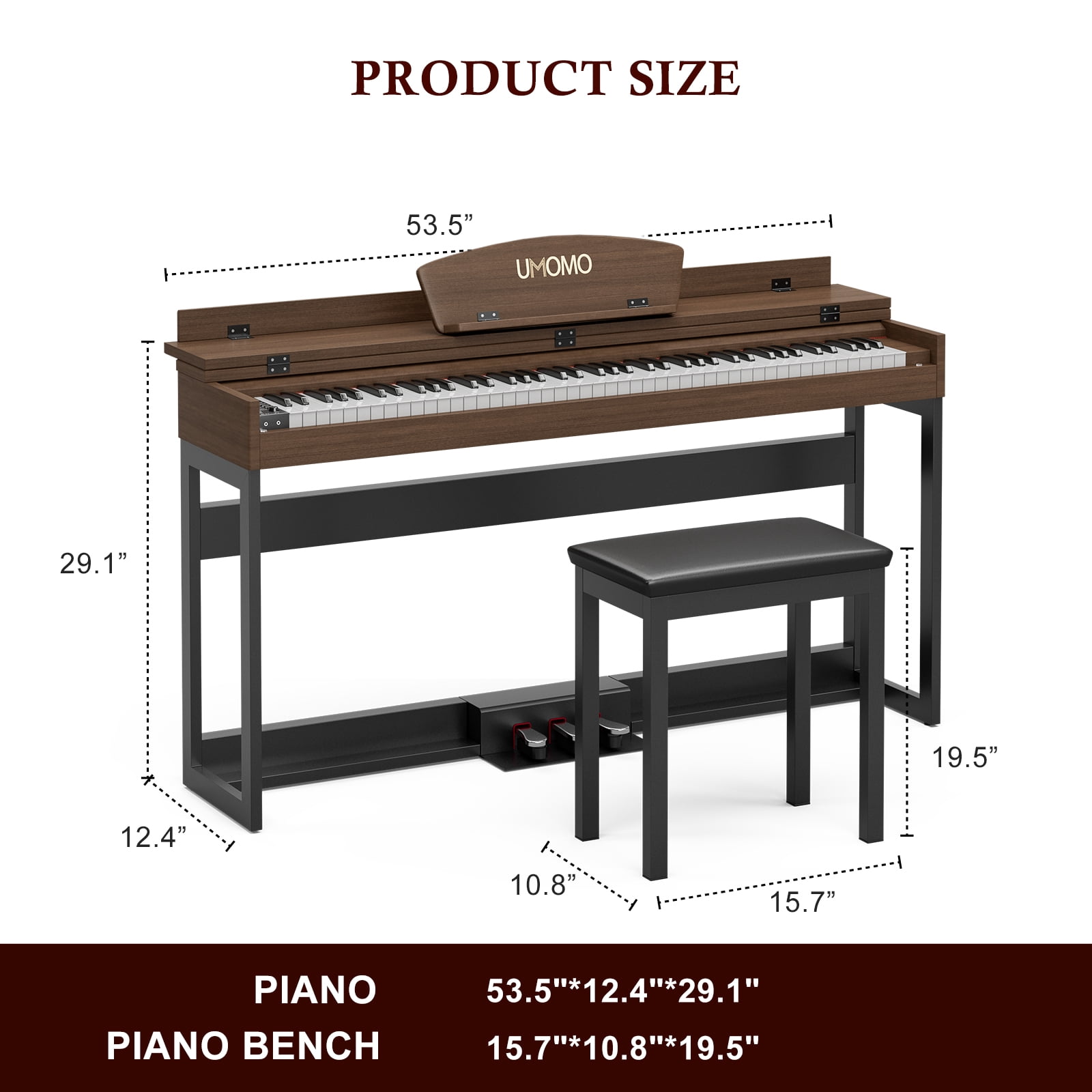 UMOMO 88 Key Digital Piano Keyboard, Full Size Electric Piano with Piano Metal Stand, Headphone Jack, 3 Pedal, Electronic Piano for Beginner, Adults, Walnut