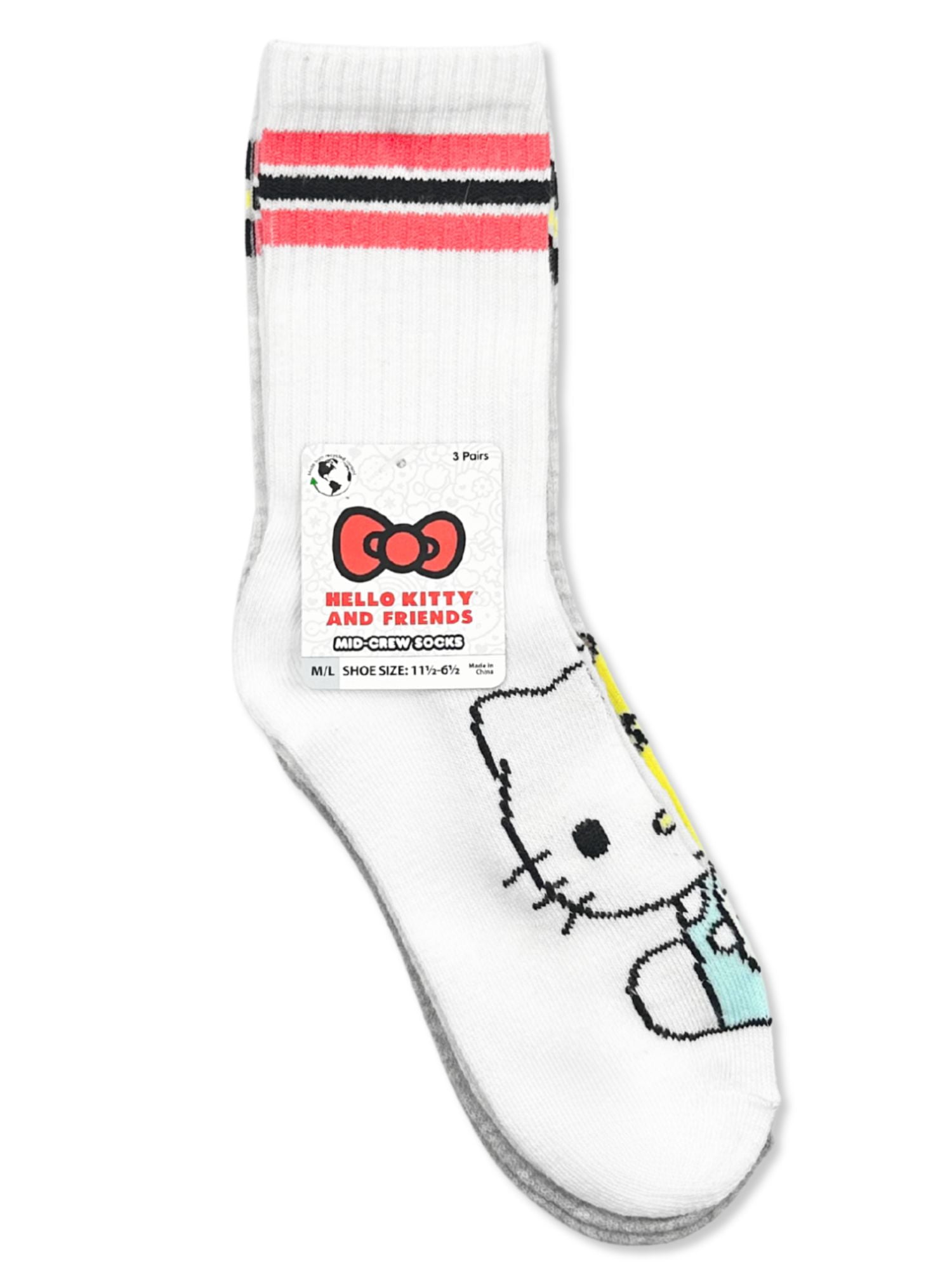 Hello Kitty & Friends Girls Mid-Crew Socks, 3-Pack, Sizes S/M-M/L