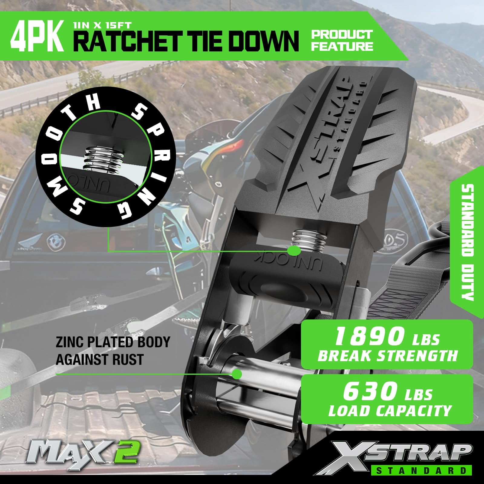 XSTRAP STANDARD Motorcycle Ratchet Tie Down Straps - 4 Pk 1'' x 15 Ft 1890 Lbs Break Strength-Cargo Straps with Integrated Soft Loops, Padded Handles & Coated Safety Clip for Motorcycle, Truck(Black)