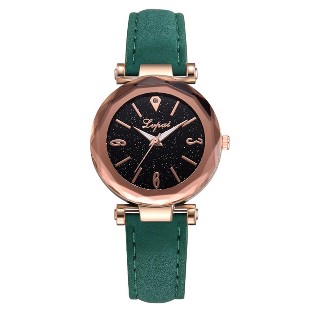 LVPAI Reloj de cuarzo de cuero PU con patrón de esfera de cielo estrellado Reloj femenino vintage (verde)