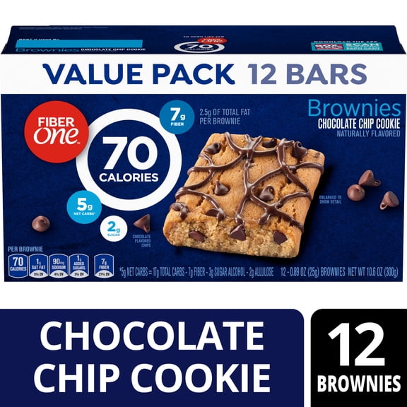 Fiber One 70 Calorie Brownies, Chocolate Chip Cookie, 2g Sugar, Value Pack, 12 Count, 10.6 oz