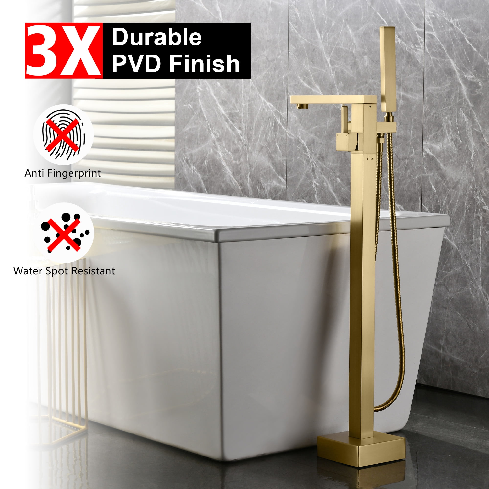 SUMERAIN Brass Floor Mount Bathtub Faucet with Handheld Shower, High Flow Bathroom Freestanding Tub Filler Faucet Brass Single Handle, Brushed Gold