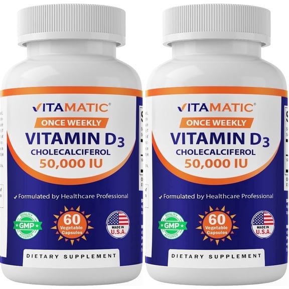 2 Pack - Vitamatic High Potency Vitamin D3 50,000 IU (as Cholecalciferol), Once Weekly Dose, 1250 mcg, 60 Veggie Capsules (Total 120 Capsules)