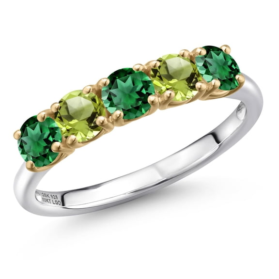 Gem Stone King 925 Silver and 10K Yellow Gold Green Nano Emerald and Green Peridot Wedding-Bands Ring for Women | 1.50 Cttw | Round 4MM | Gemstone May Birthstone | Size 8