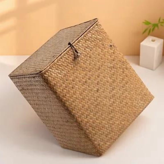 HONMEET Multipurpose Large Straw Storage Basket with Lid Light Brown Handwoven Woven Storage Box