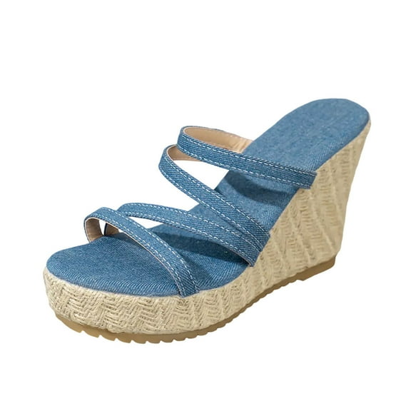 CQONEPT Women's Wedge Sandals Elastic Ankle Strap Platform Sandals Cutout Peep Toe Stacked Sandals for Dressy Ladies Sandals Casual Wedge Platform Sandals Summer Blue Size 6