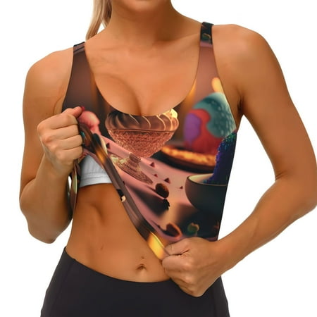 Qokaie Colorful Cake Ice Cream Pattern Womens Scoop Neck Sports Bra Breathable Workout Vest Padded U Back Medium Impact Fitness Gym Yoga Bra Workout Crop Top