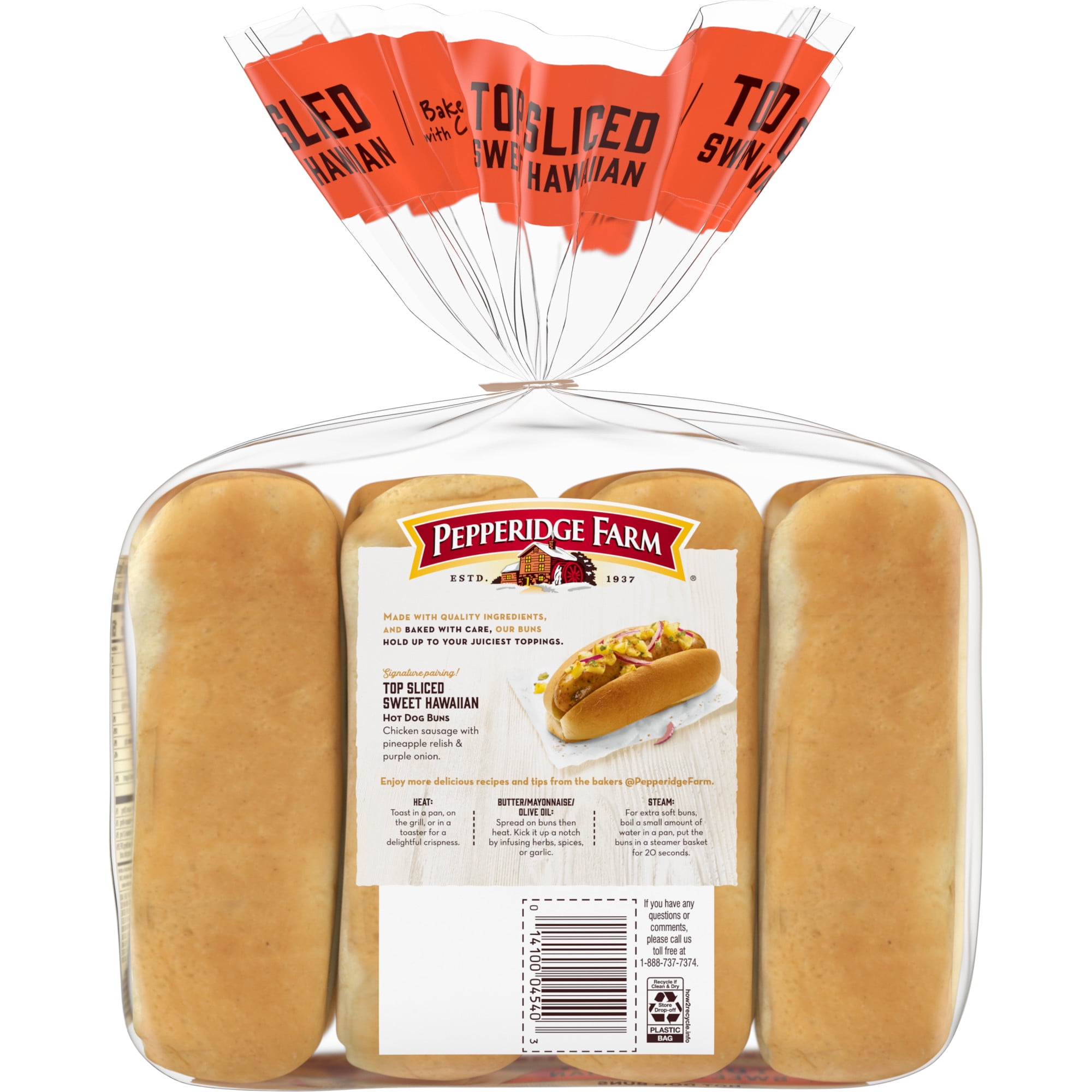 Pepperidge Farm Sweet Hawaiian Hot Dog Buns, Top Sliced, 8-Pack Bag