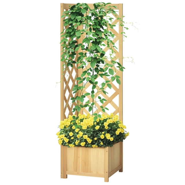 Outsunny Raised Garden Bed Wood Planter with Trellis, Natural