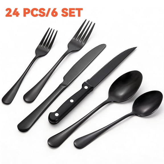 Black Silverware Set for 4, 24‑Piece Stainless Steel Flatware Cutlery Set, Include Steak Knives, Forks, Spoons, Knives, Mirror Black Utensils Set for Home Kitchen Dining, Dishwasher Safe