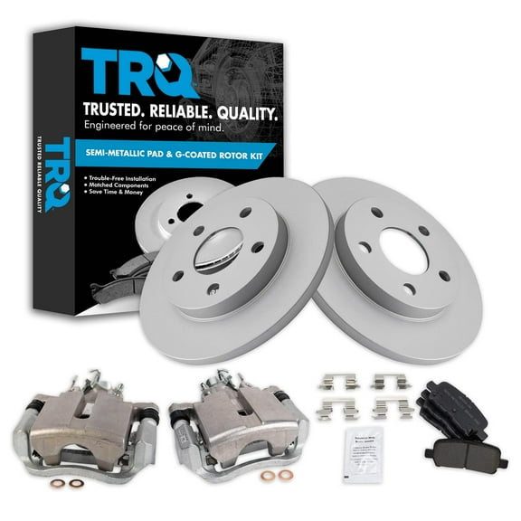 TRQ Rear Brake Pad & Rotor Kit Brake Caliper Brake Pads Brake Rotor Semi-Metallic Solid Premium G-Coated Fits Select 2004 Pontiac Grand Prix