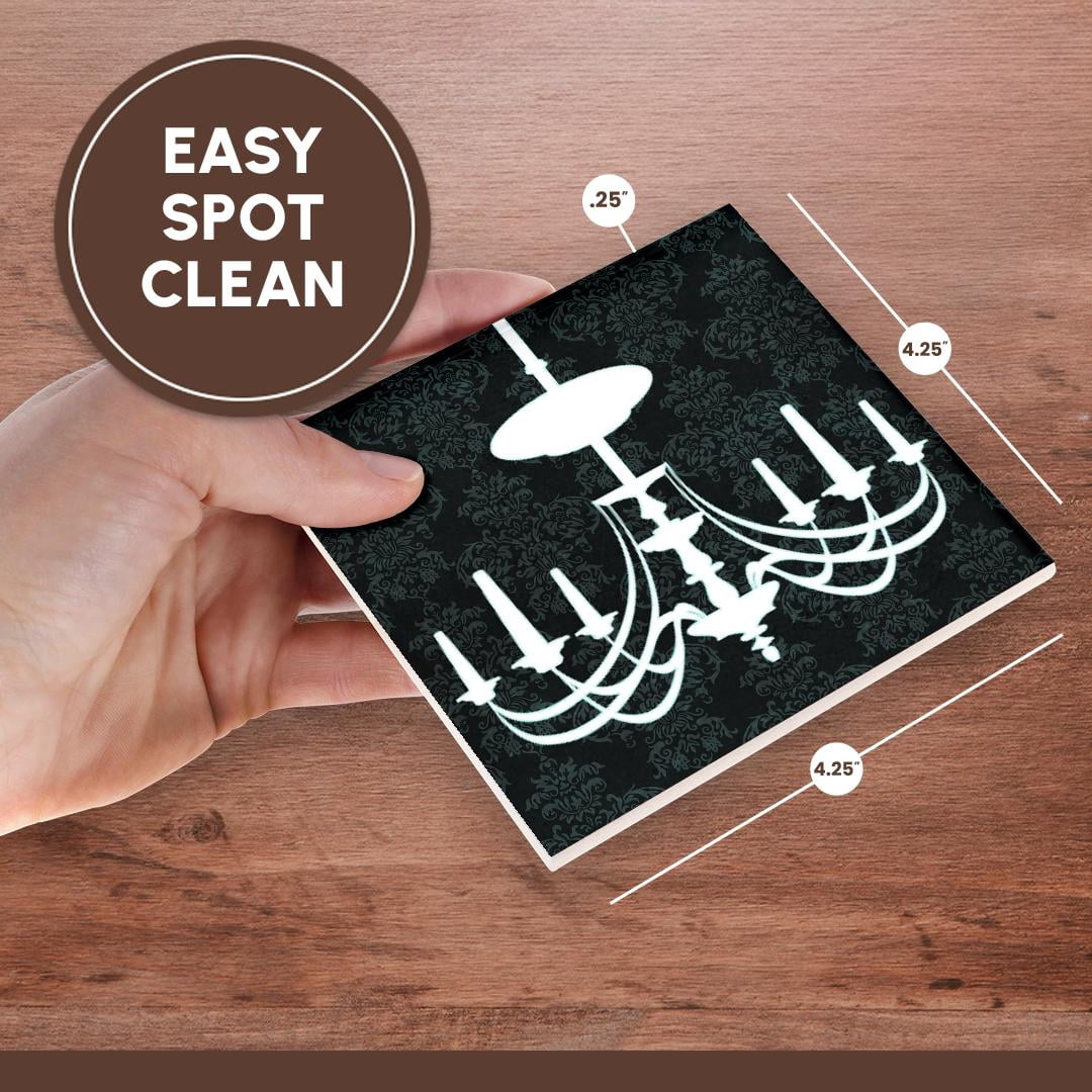 3dRose, White Chandelier Against A Black Damask Background, Set of 8 Ceramic Tile Coasters