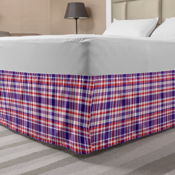 Tartan Bed Skirt, Continuous Geometric Checkered Abstract Classic Scottish Folk Pattern, Elastic Bedskirt Dust Ruffle Wrap Around for Bedding Decor, 4 Sizes, Vermilion Quartz White, by Ambesonne
