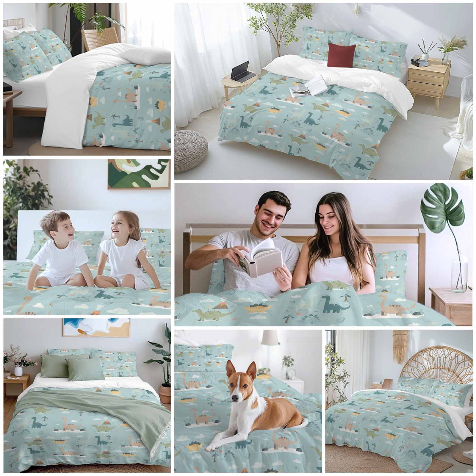 Cartoon Animals Bedding 3 Piece Duvet Cover Set Full Size, Funny Dinosaur Tropical Plants Blue Green Microfiber Comforter Cover with Zipper Closure & Pillowcases, Wrinkle & FadeResistant Quilt Cover