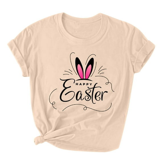 Easter Women Short Sleeve Shirts Casual Round Neck Cute Print Tee Summer Lightweight Pullover Tops (S, A Beige)