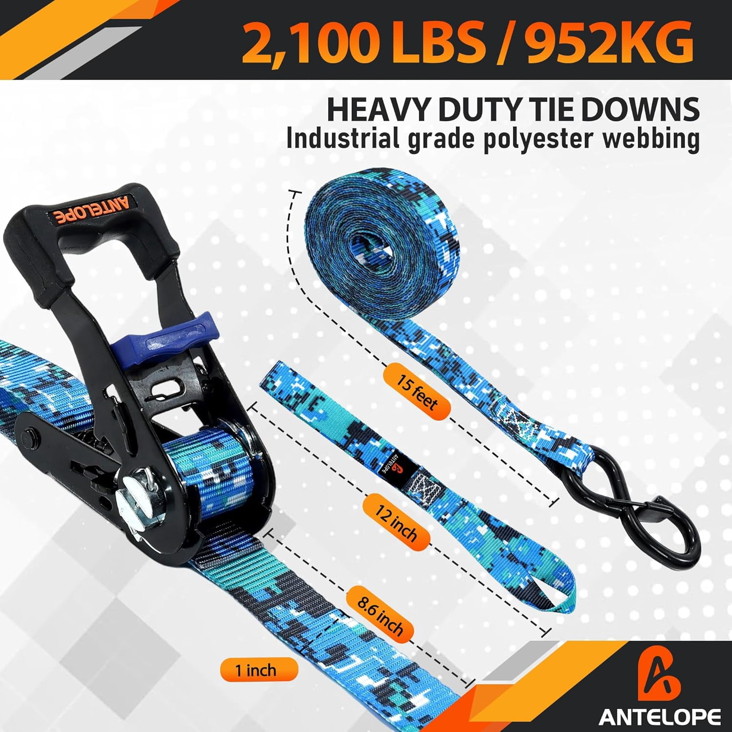 A ANTELOPE 4-Pack 15' Ratchet Tie-Down Straps, 2100LBS Break Strength, Rubber Handles & Coated Safety Lock S-Hooks, Includes 2 Bungee Cords for Truck, Motorcycle Cargo Securing, Camo