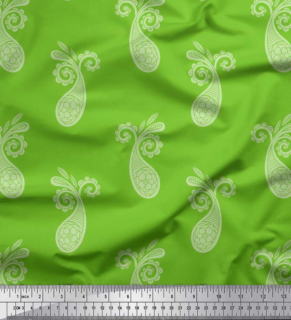 Soimoi Green Cotton Duck Fabric Floral & Paisley Printed Fabric 1 Yard