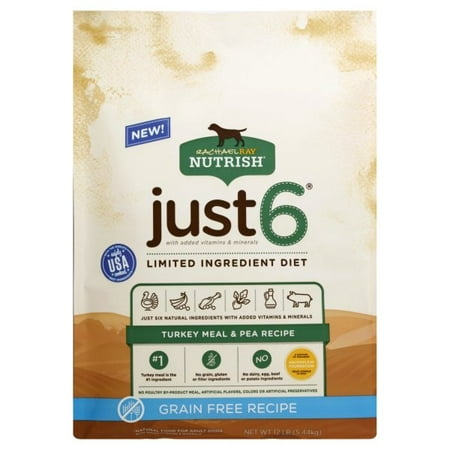 Rachael Ray Nutrish Just 6 Natural Dry Dog Food, Grain Free Turkey Meal & Pea Limited Ingredient Diet, 12