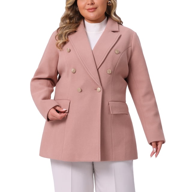 Abrigo de Doble Botonadura con Solapas para Mujeres de Talla Grande Agnes Orinda, Chaqueta Casual con Bolsillos 3X Rosa