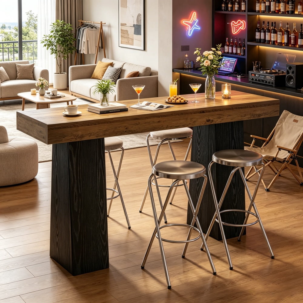 63 Inch Counter Height Bar Table, 37in Pub Table with 4.3in Thick Waterproof Scratchproof MDF Top, Home Bar Dining Table for Party & Snack