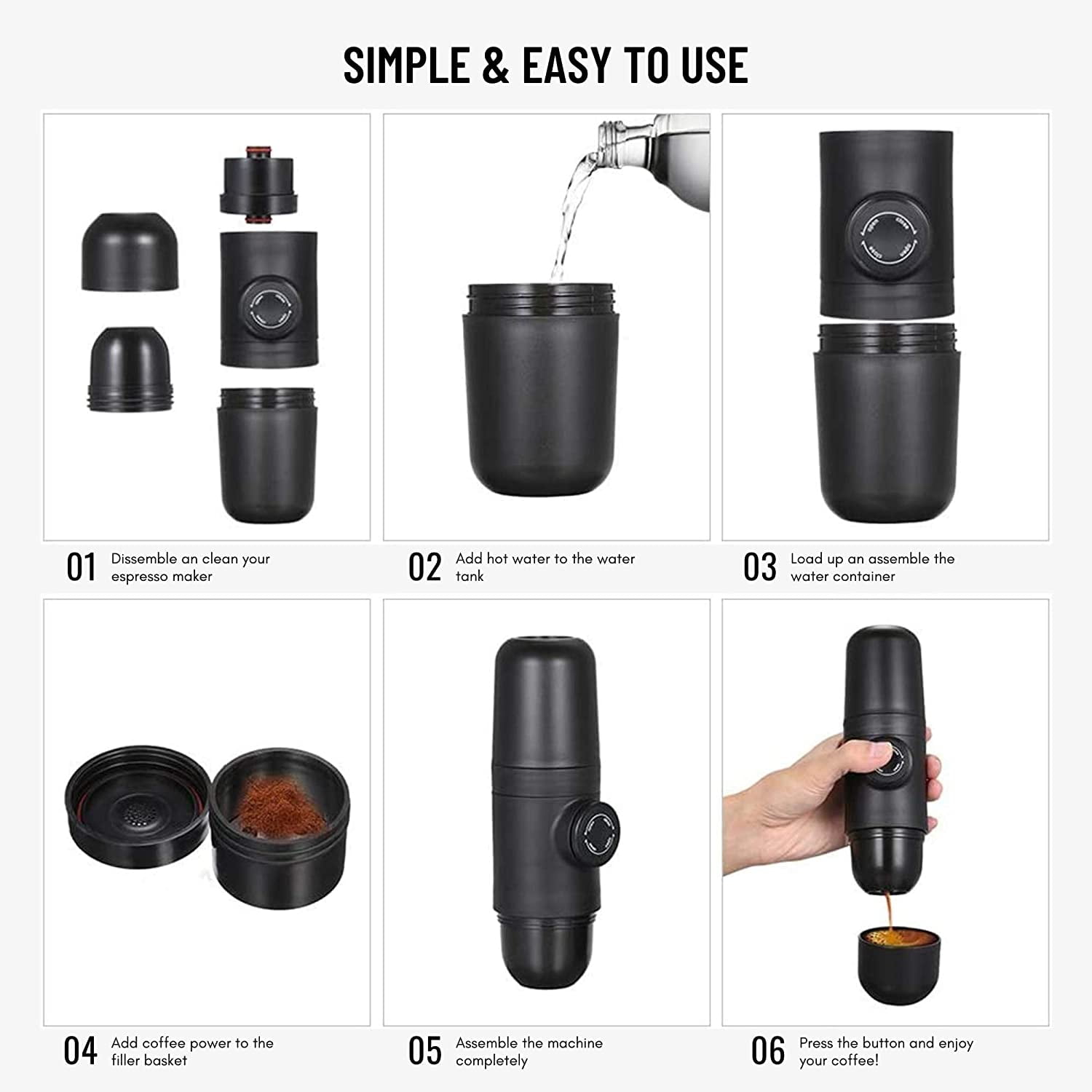 happyline Portable Espresso Machine and Coffee Maker, manually Operated, Handheld size, Perfect for Traveling, Hiking and Camping, Black, Size: 7.87 x