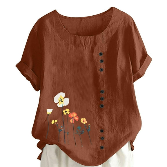Ichuanyi Oversized Crew Neck Linen Tops for Women Short Sleeve Printed Short Sleeve Button T-shirt Blouse