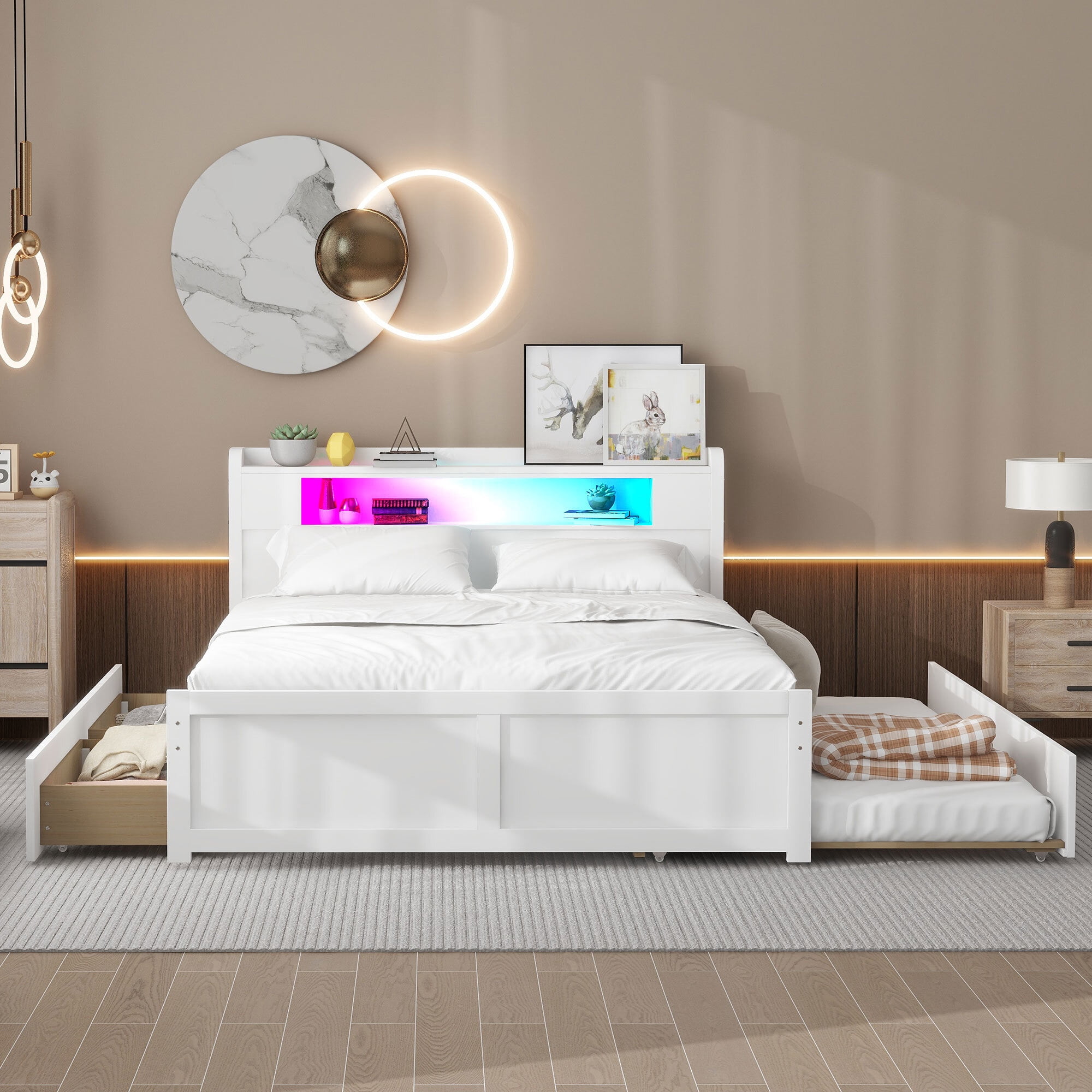 Euroco Wood Queen Size Platform Bed with Storage Headboard, Drawers Trundle and LED Light for Adults, White