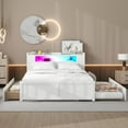 thumbnail image 2 of Euroco Wood Queen Size Platform Bed with Storage Headboard, Drawers Trundle and LED Light for Adults, White, 2 of 15
