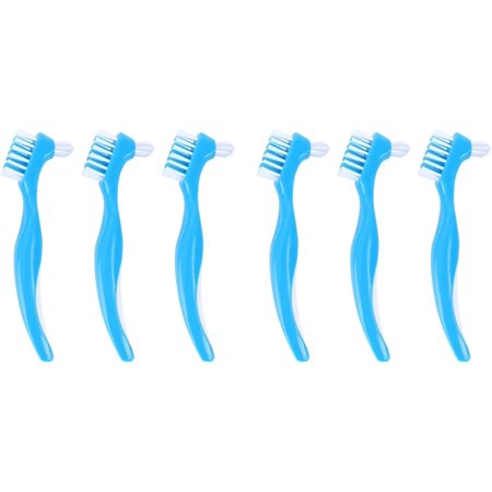 6 PCS Denture Toothbrush Double Brush Head Denture Care Toothbrush Denture Care Brush Anti- Slip Handle Denture Cleaning Brush Portable Denture Cleaning Brush for Home Use Blue