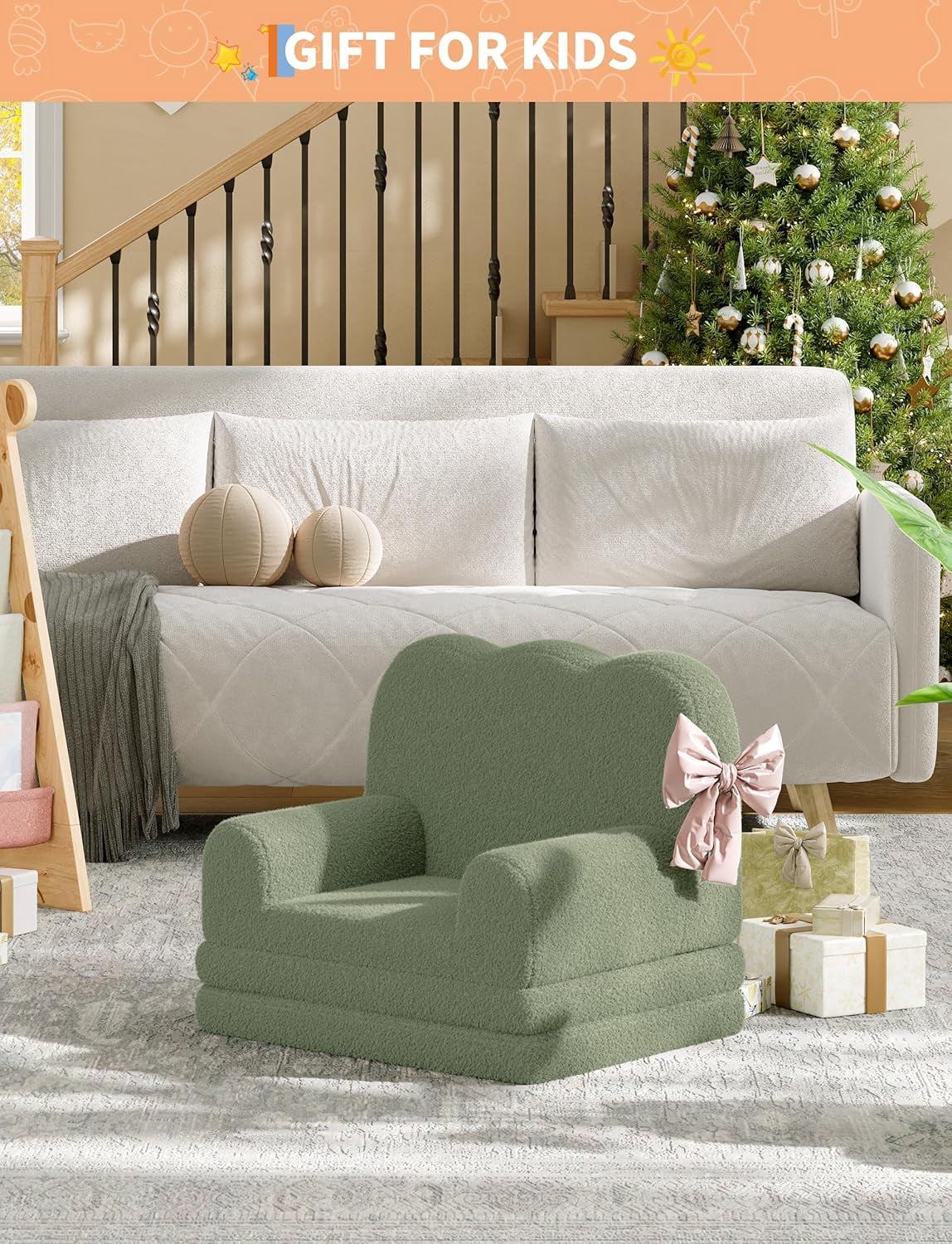 Kids Couch, 2-in-1 Convertible Teddy Fleece Fabric Toddler Sofa Chair, Soft Fold Out Couch Lounger for Kids, Comfy Children's Sofa Bed for Playroom, Nursery, Birthday Gift (Green)