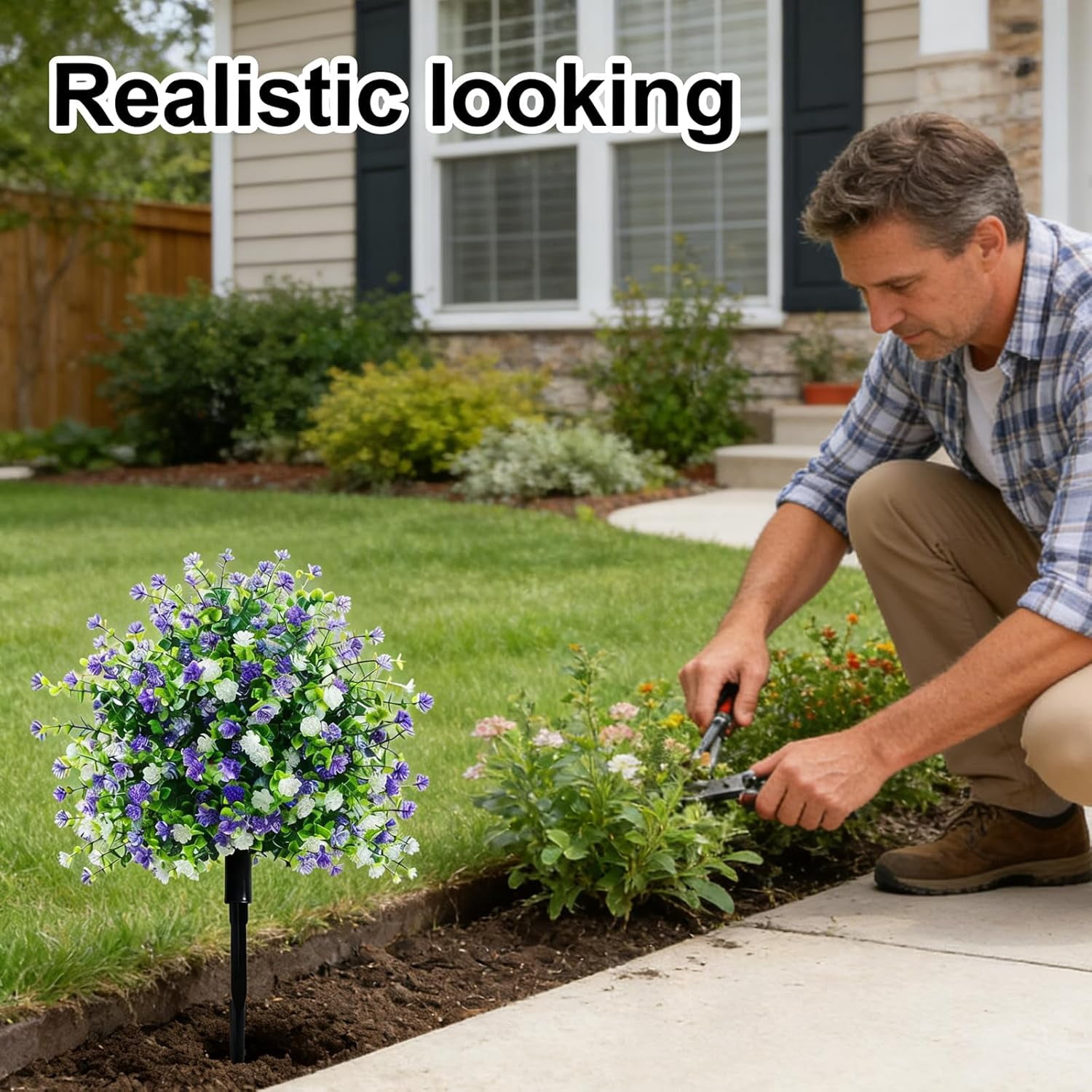 Artificial Potted Trees with Ground Stakes, Camellia Shrubs Faux, Realistic Artificial Flowers for Garden Patio Pathway Yard Lawn (6pcs)