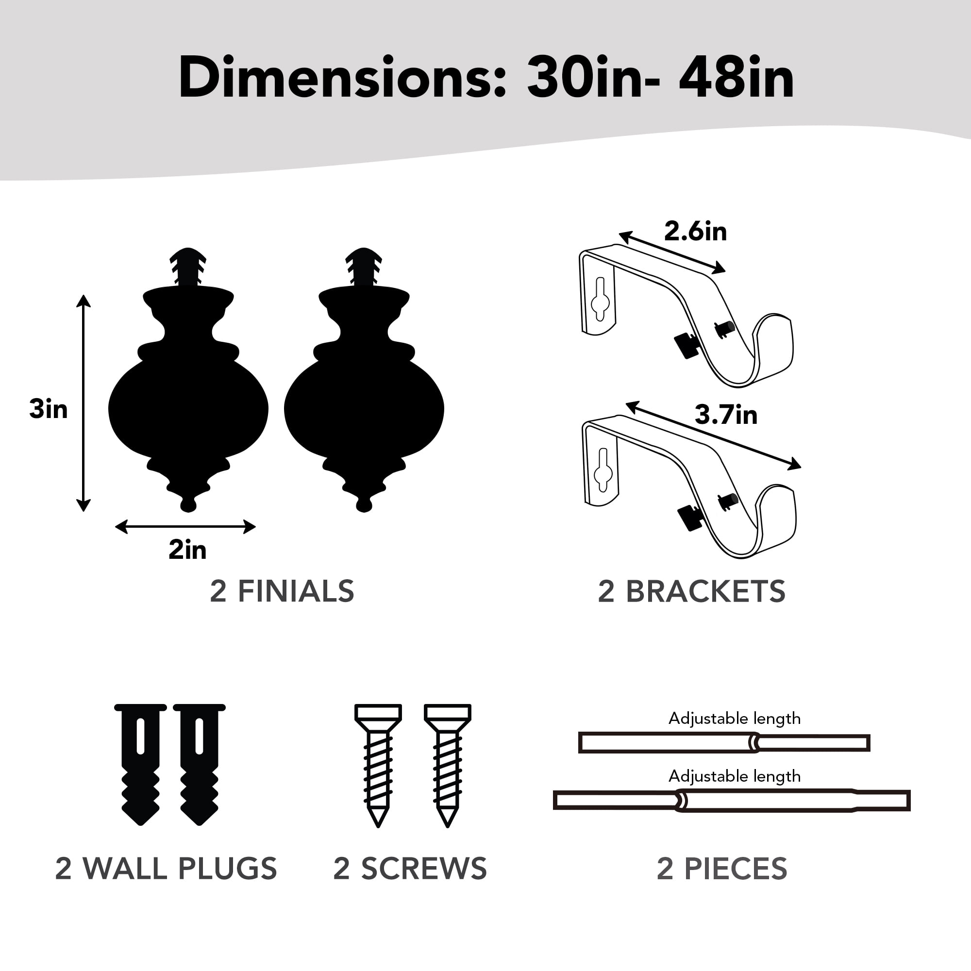 Deconovo Heavy Duty Decorative Curtain Rod, Black, 30-48 Inch, Adjustable Stainless Steel Window Treatment Rod for Living Room & Bedroom