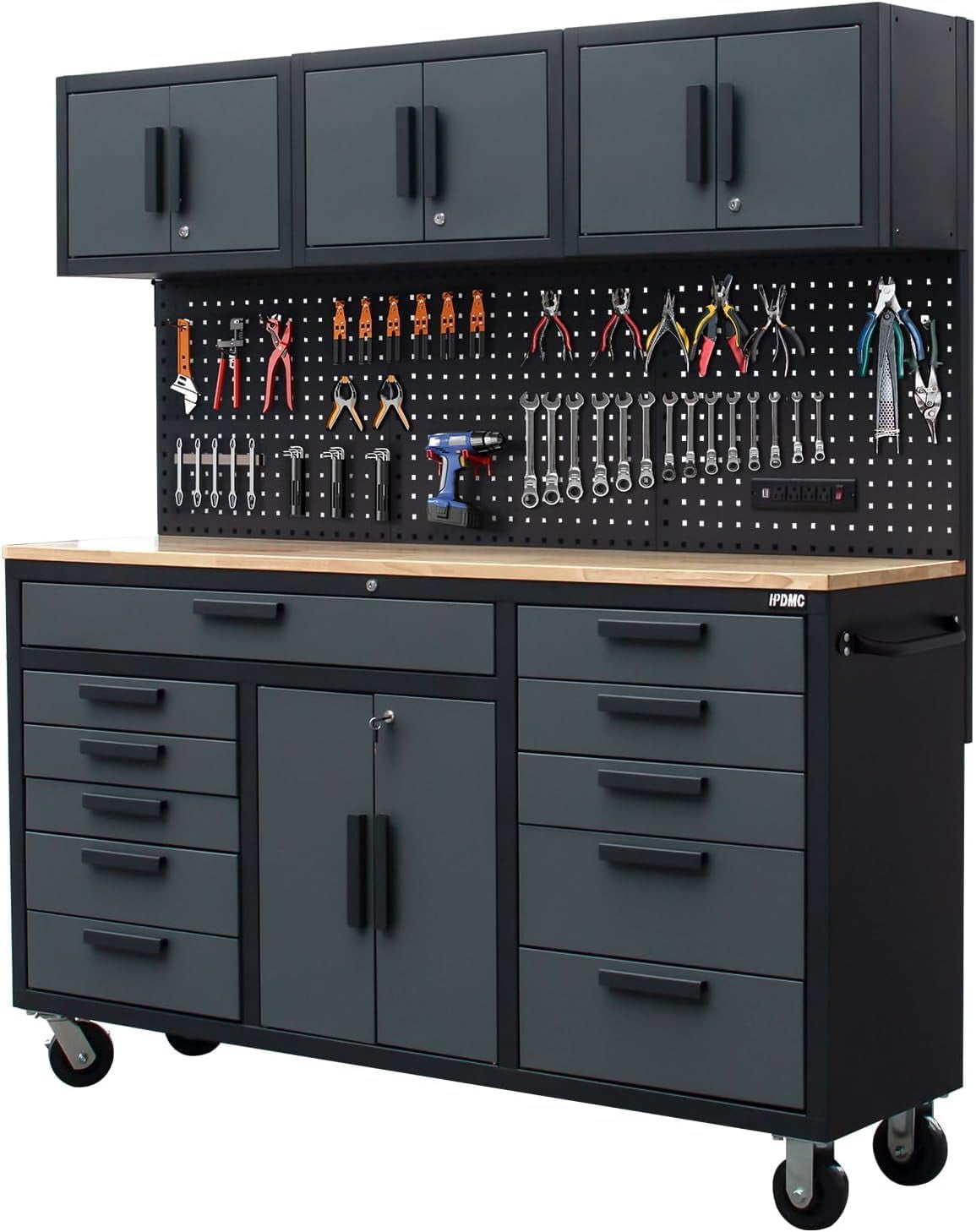 HPDMC 72in Rolling Tool Chest Cabinet Mobile Garage Workbench Heavy-Duty Tool Cabinet on Wheels with 11 Drawers, 2-Door Cabinet, 3 Top Cabinet, Pegboard & Power Strip for Tool Organization