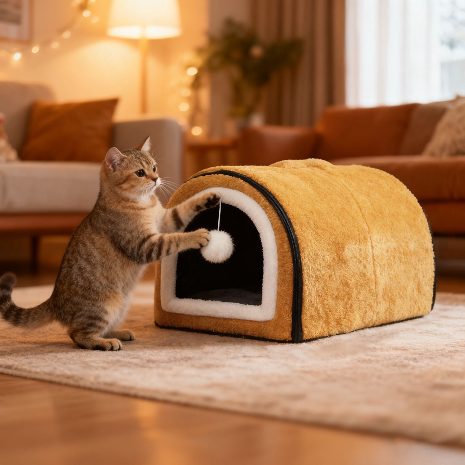 USB Heated Cat Bed for Indoor Cats-Semi-Enclosed Cat Cave with 4 Temperature Control, Arched Roof&Anti- Bottom, 2-in-1 Thermo Pet Bed for Winter,Warm Washable Bed for Cats Dogs