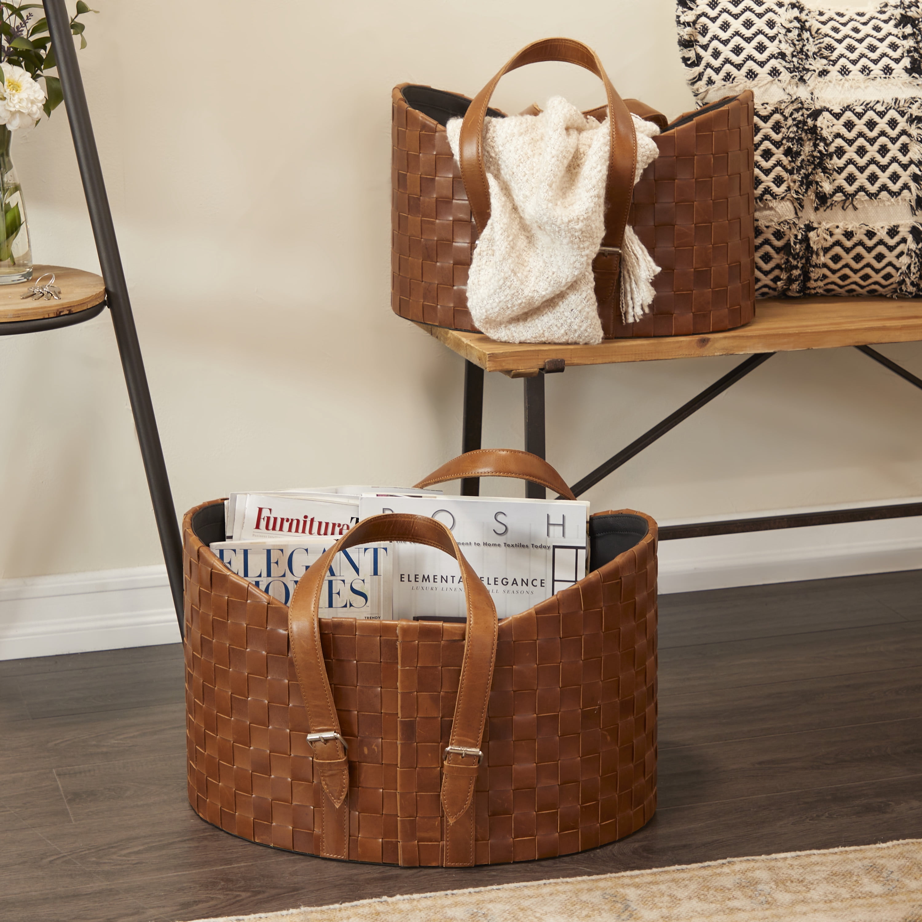 DecMode 16"W, 14"H Leather Modern Storage Basket, Brown, 2-Piece