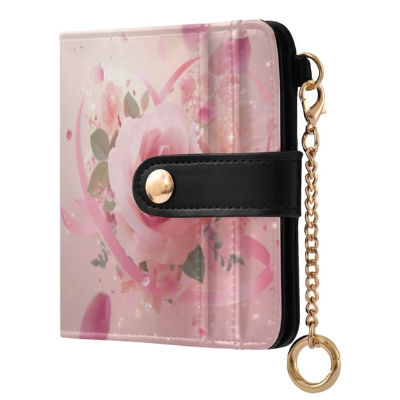 Womens Wallet PU Leather Bifold Small Purse with RFID Blocking Credit Card Holder Pink Rose Pattern