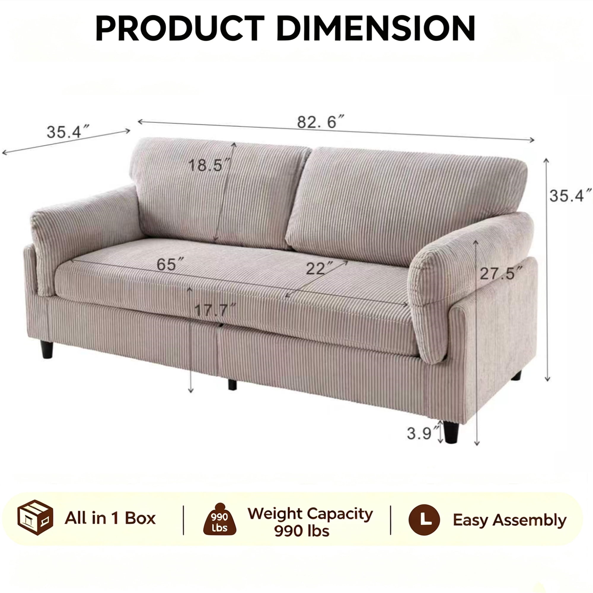 Aukfa 83" Pillow Top Arm Sofa 3 Seat Deep Seat Upholstered Couch for Living Room Bedroom, Corduroy, Camel