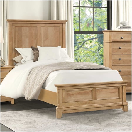 Twin Size Bed Frame with Plank Headboard Natural Oak Wood Bedroom Platform with Rustic Farmhouse Charm