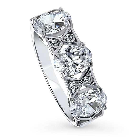 BERRICLE Sterling Silver 3-Stone Oval Cut Cubic Zirconia CZ Statement Vintage Inspired Art Deco Fashion Ring for Women, Rhodium Plated 2.1 Carat Size 7.5