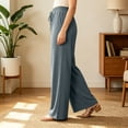 thumbnail image 5 of Women's Cotton Spandex Wide Leg Pants, Elastic Drawstring High Waist, Loose Soft Pockets, Casual Summer Beach Travel Lounge, Flowy Trousers | VerBelle,Gray 2XL, 5 of 7