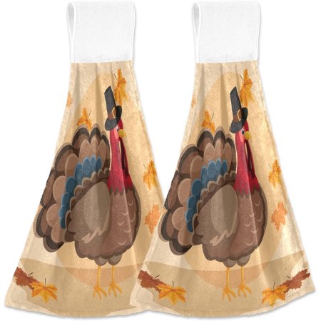 Thanksgiving Turkey Icon Kichen Towels Set of 2, Fall Maple Leaves Hand Towel with Hanging Loop Super Soft Absorbent Microfiber Tie Towels Bath Fingertip Towel for Bathroom Restroom