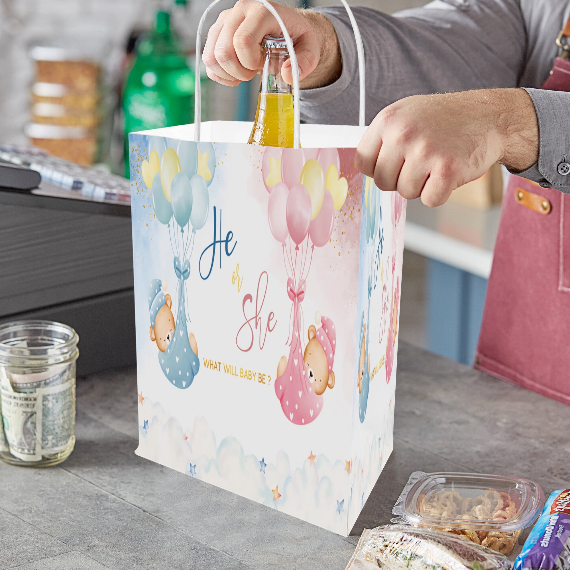 20Pcs Bear Gender Reveal Party Favor Bags, He or She What Will Baby Be Blue Pink Baby Shower Watercolor Boy or Girl Cute Cartoon Ballon Sky Decorations