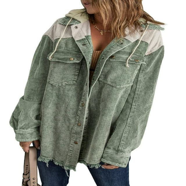 Womens Corduroy Shacket Jacket Long Sleeve Button Down Color Block Hooded Coat with Pockets