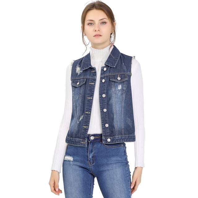 Unique Bargains Women's Turn Down Collar Button Denim Washed Vest